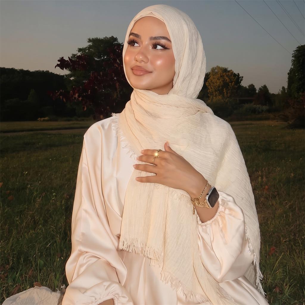 Fashion Modal Hijab Scarf for Women Soft Lightweight Crinkle Fringe Shawl Headscarf for Daily Wear Solid Turban Wrap for Daily