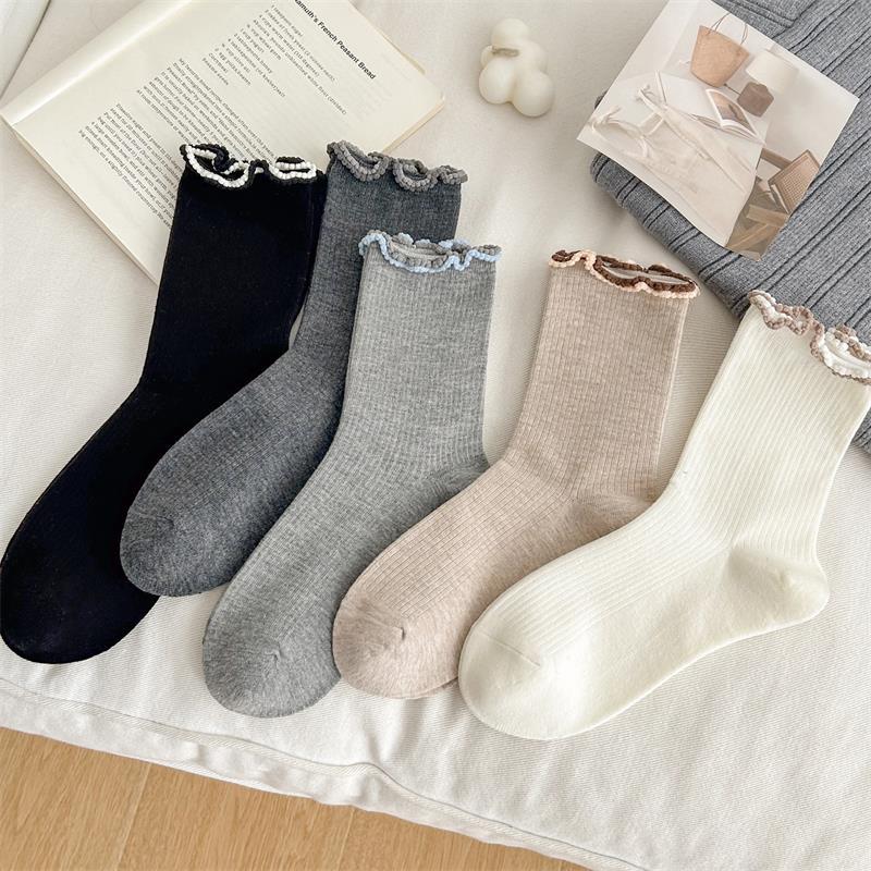 Ladies Spring and Autumn Sweet Solid Color Fungus Lace Ballet Wind Drum Pile Socks