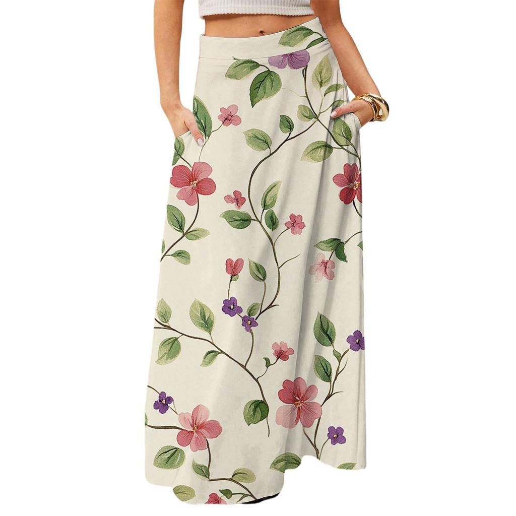 Женская повседневная складная юбка макси с цветочным принтом, высокой талией и карманом, с драпировкой