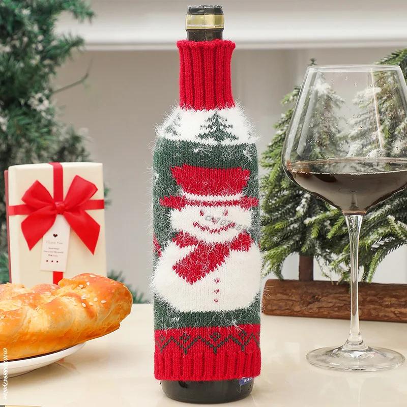 Cute Knitted Wine Bottle Cover Christmas Table Decoration Cartoon Santa Claus Snowman Pattern Red Wine Bottle Decor Xmas Gift