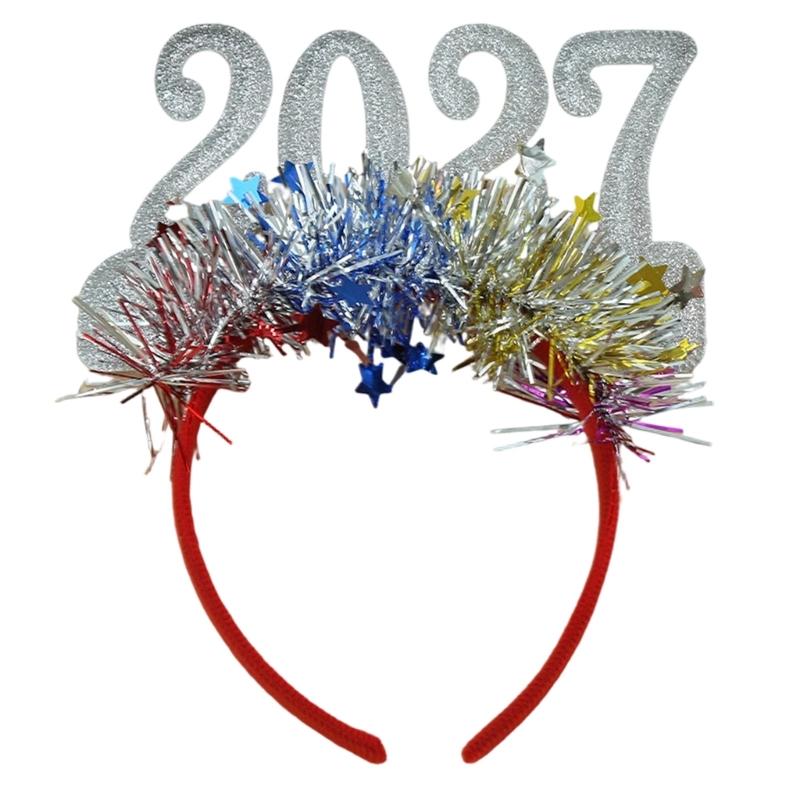 Новогодняя повязка на голову 2027 Праздничный аксессуар для волос для рождественских вечеринок с блестящими цифрами и отделкой из маленьких звездочек