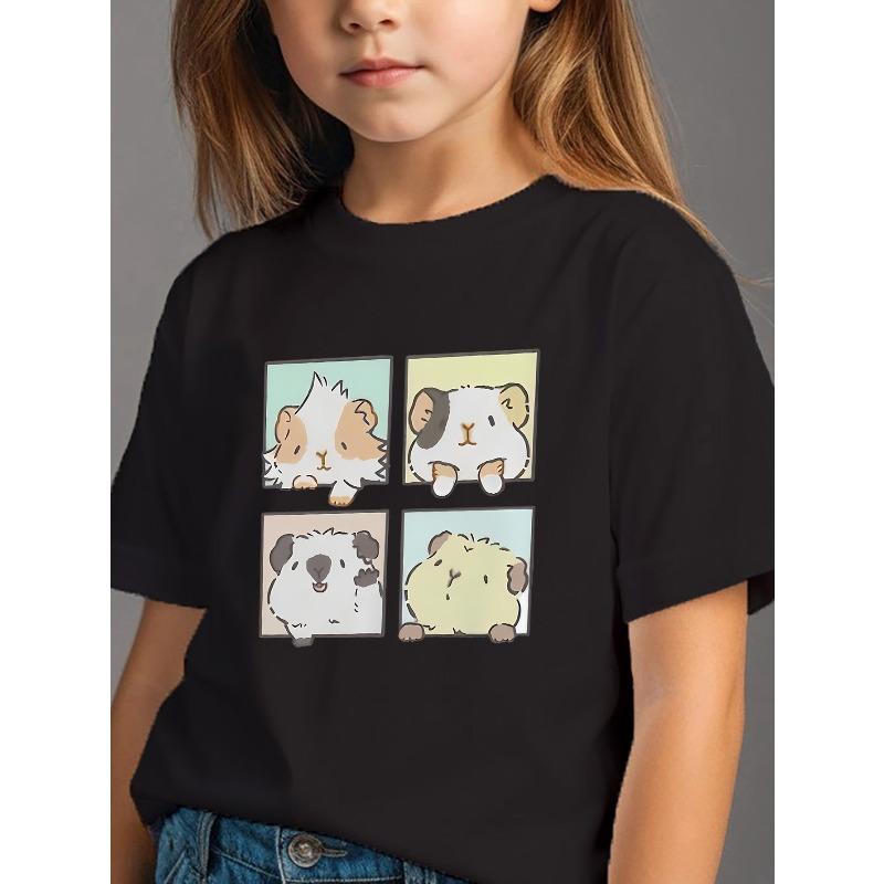 European sizes Girls' Round Neck T-Shirt, Stylish Print Short Sleeve Casual Top