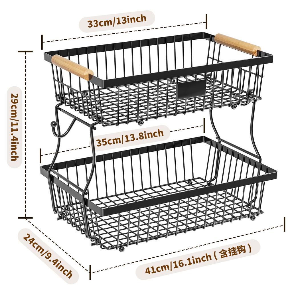 Nordic vegetable and fruit basket double-layer wooden hand basket removable storage basket kitchen countertop hanging banana fruit storage rack