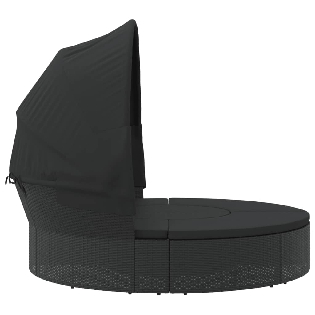 Outdoor Lounge Bed with Canopy and Cushions Black Poly Rattan