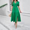 Spring and Summer Women's Dresses, Your Temperament, Solid Color, V-neck, Short-sleeved Long Skirt