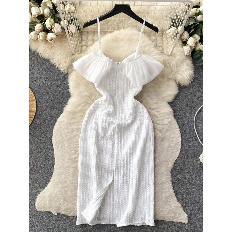 Socialite Style Fancy Banquet Birthday Banquet Party Dress Women's off-Shoulder Spaghetti Straps Ruffles Waist Dress