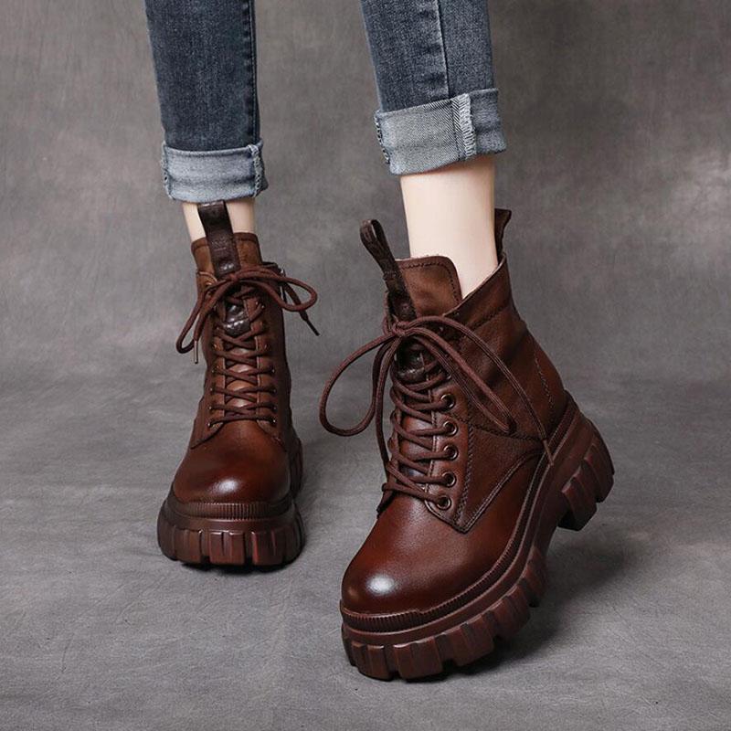 Fashion GKTINOO Women's Genuine Leather Ankle Boots Women Autumn Winter Lace Up Women Punk Boots Flat Ladies Shoes Woman Botas Mujer