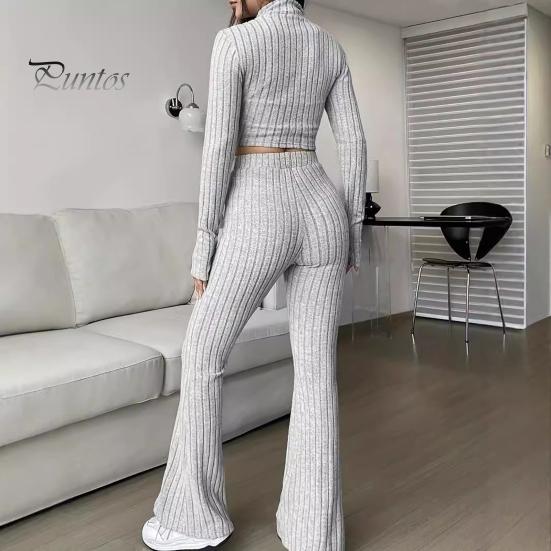 2 шт./комплект женский весенний наряд для поездок на работу топ расклешенные брюки комплект застежка-молния воротник стойка пальто высокая талия спортивный костюм эластичная повседневная одежда