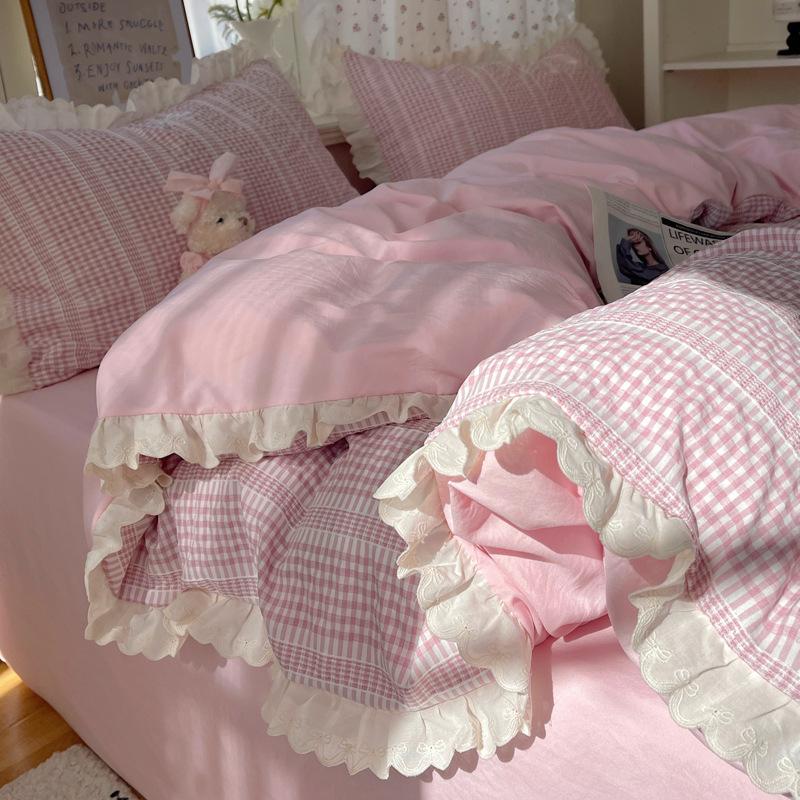 Кружевной постельный комплект в стиле принцессы, набор из четырех предметов, приятный к коже, дышащий и удобный, стираные простыни, пододеяльники, наволочки