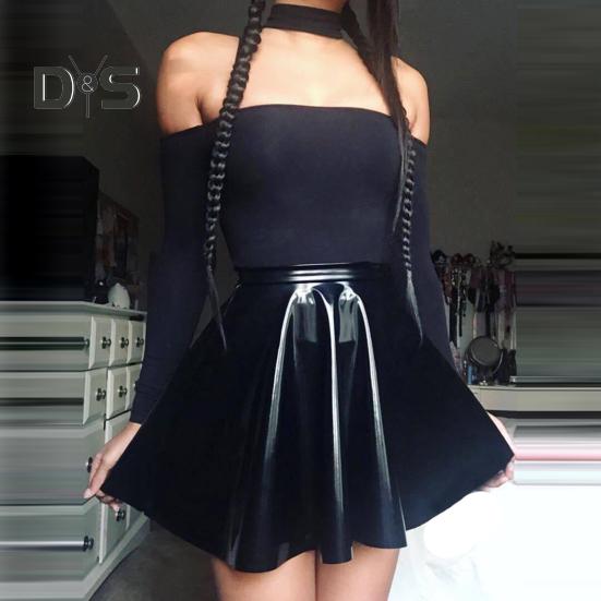 Женская мини-юбка с высокой талией, зеркальная глянцевая поверхность, короткая юбка из искусственной кожи, однотонная юбка-солнце