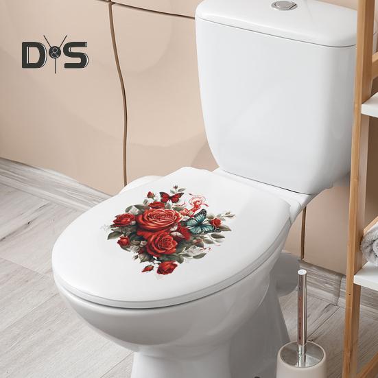 Наклейка на унитаз с бабочками и цветком розы, съемная водонепроницаемая наклейка из ПВХ для гостиной, ванной комнаты, стены искусства, цветочная крышка для унитаза, украшение на день Святого Валентина
