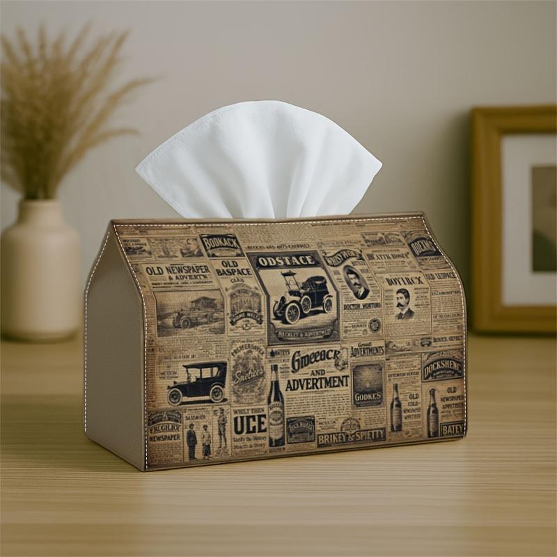2D Flat 1pc Historical Vintage Decorative Old Newspaper Illustration Tissue Box with Storage Organizer for Home, Kitchen, Car, Spill-Resistant& Easy-C