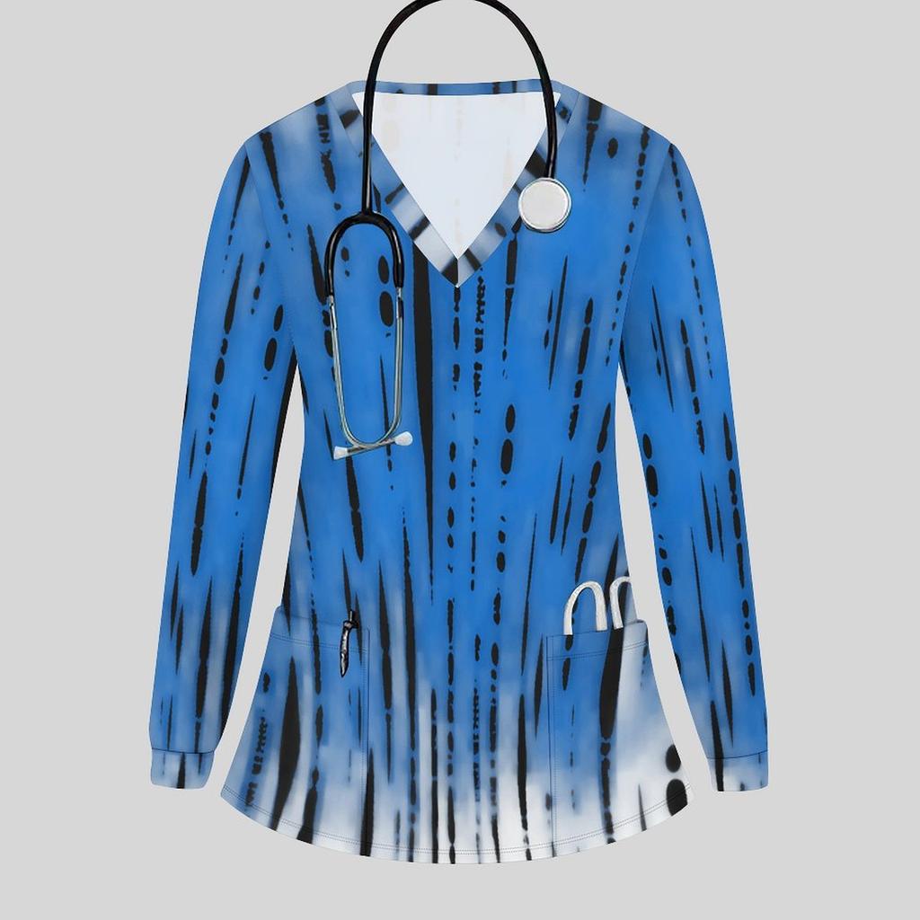 Women Plus Size Striped Printed Nurse Scrub Top V Neck Long Sleeve With Front Pockets