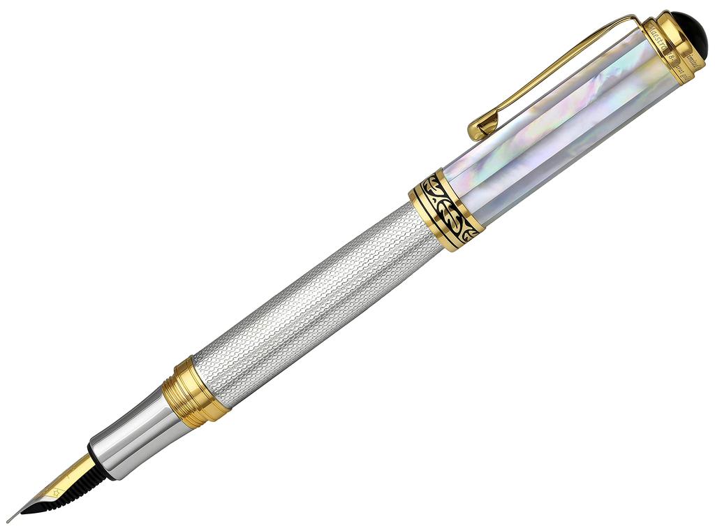 Handcrafted Xezo Maestro Solid 925 Sterling Silver and Pearl Serialized Medium Fountain Pen with Marine Origin White Mother of 18K Gold Inheritance