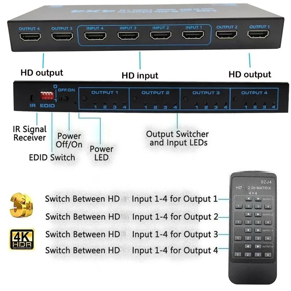 4x4 HDMI-compatible Matrix Switch 4K HDR HDTV-compatible Matrix Switcher Splitter 4 In 4 Out Box HDCP 2.2