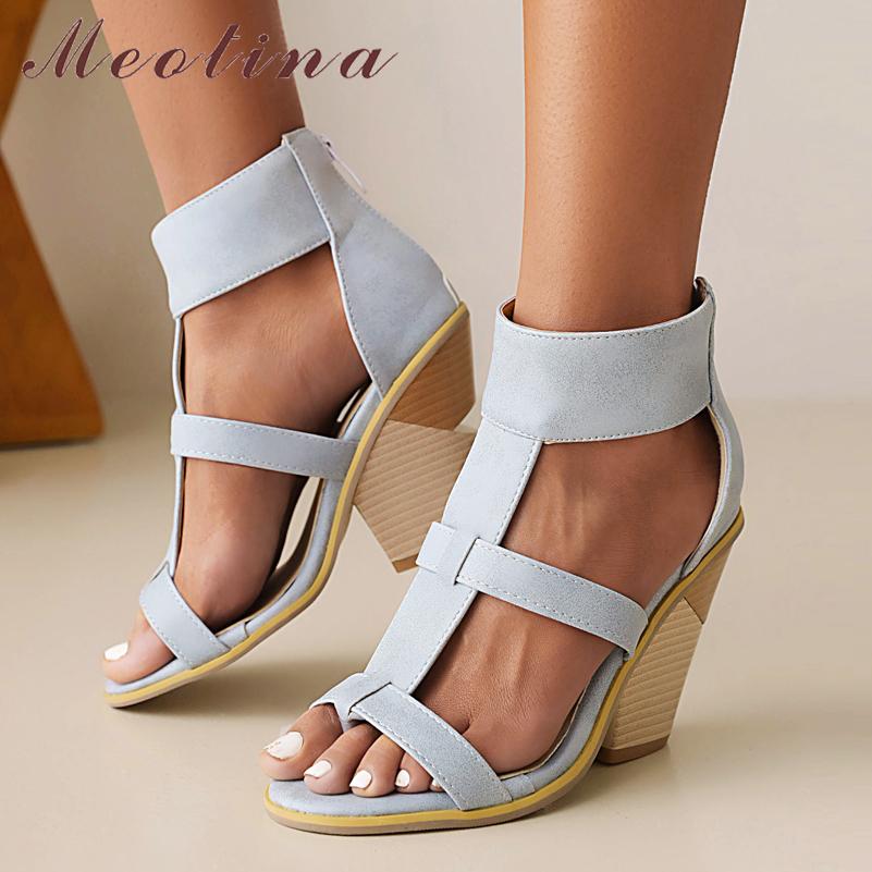 Meotina Женские туфли-гладиаторы из искусственной кожи, сандалии на очень высоком каблуке, женские сандалии на толстом каблуке с открытым носком и застежкой-молнией, летние белые, 34-46