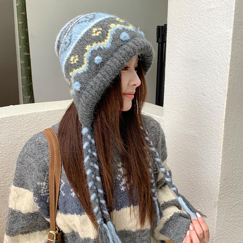 Mori retro jacquard knitted hat winter atmosphere hat women's Fair Island wool hat thermal ear hat