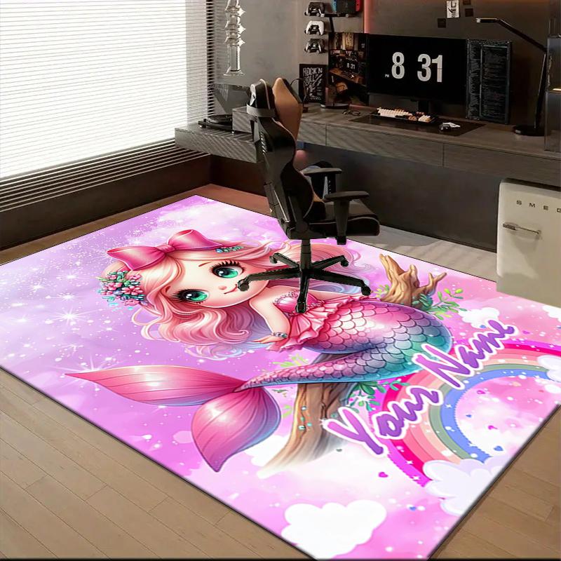 1PC Custom Name Mermaid Fantasy Artwork Theme Floor Mat Ideal for Living Room, Game Rooms, Office, Bedroom Floor Mat Playful Design
