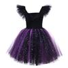 Halloween Dark Horned Witch Cosplay Dress, Black Sheer Mesh Girls Evil Queen Stage Outfit
