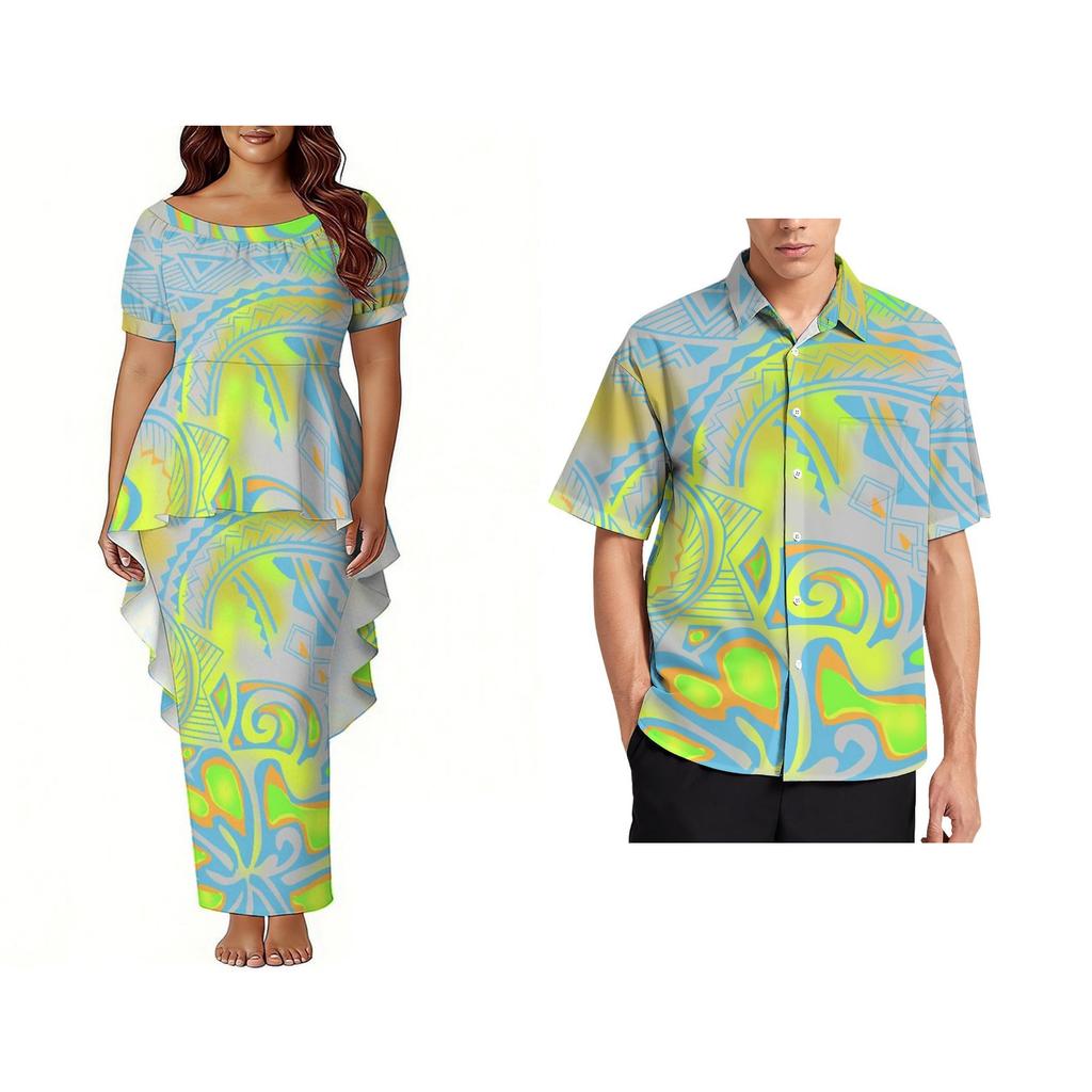 Custom Polynesian Bubble Short Sleeve Long Dress Lady Puletasi Dress Match Plus Size Men Stiff Neck Shirt Sets off Couples 2pcs