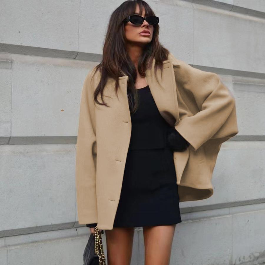 Женское свободное шерстяное пальто средней длины с лацканами и рукавами-летучими мышами NIZI8182