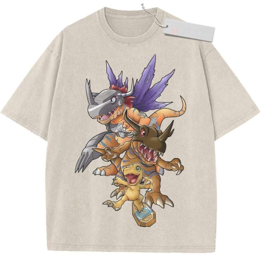 Unisex Washed Beige Vintage T Shirt Digimon Agumon Evolution High Quality Fabric for Home Leisure Travel Shopping