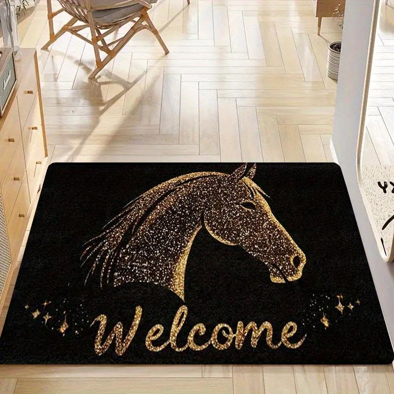 1pc Golden Horse Mat Suitable for Indoor/Outdoor Use - Non-Slip Machine-Washable Farmhouse Mat with Horse Pattern, Thick & Point Plastic Backing, Dura