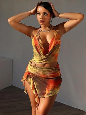 Бандаж Холтер Сексуальное Y2K Print Out Party Club Mini Ruffles Dress Женские Летние Tie Dye Backless Split Вечерние Платья Наряды