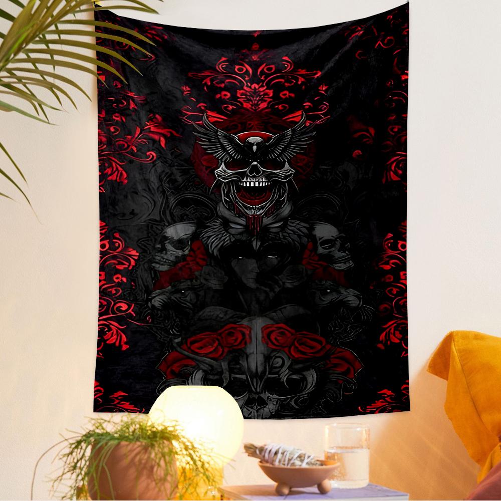 Fabric Wall Tapestry Gothic Dark Skull Red Rose Damask Pattern Goth Wall Decor