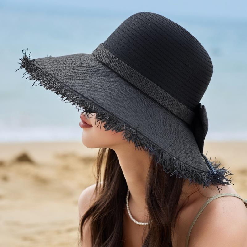 Summer Big Eaves Sunscreen Hat Women'S Big Eaves Straw Hat Vacation Wind Sunscreen Visor Travel Bow Bucket Hat