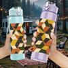 1PC Geometric Color Block Pattern 750ml Color Plastic Sports Water Bottle Leakproof Flip Straw Lid Suitable for Sports Office Home Use