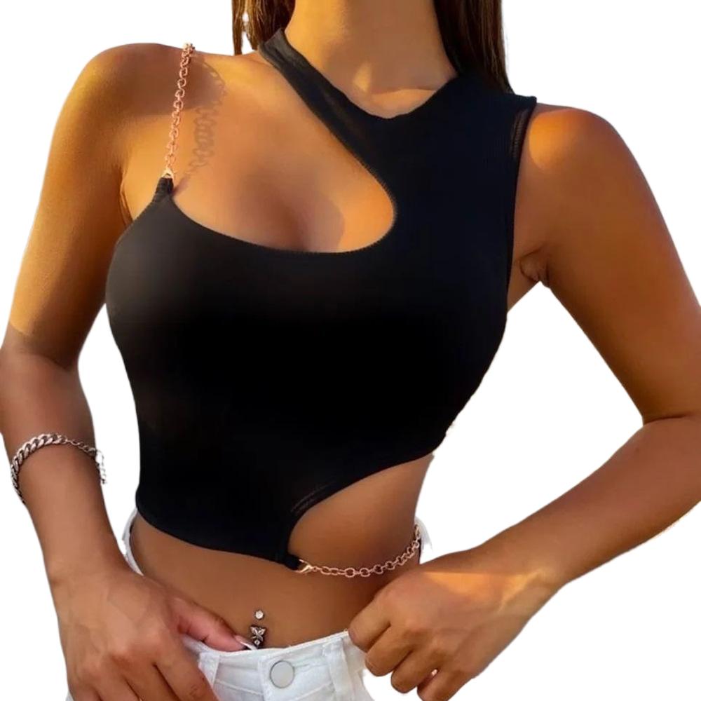 Женский укороченный топ на бретельках без рукавов с асимметричной шеей и цепочкой, облегающие укороченные топы на бретельках