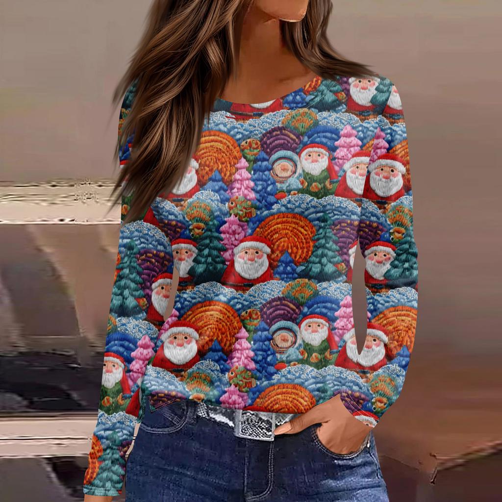 Women's Fashion Hem Slit Casual Christmas Printed Round Neck Long Sleeve Top