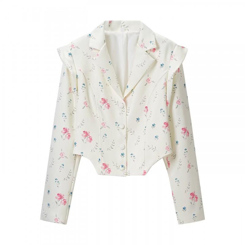 Womens Vintage Floral Print Blazer Skirt Set Lightweight Casual Suit Outfit