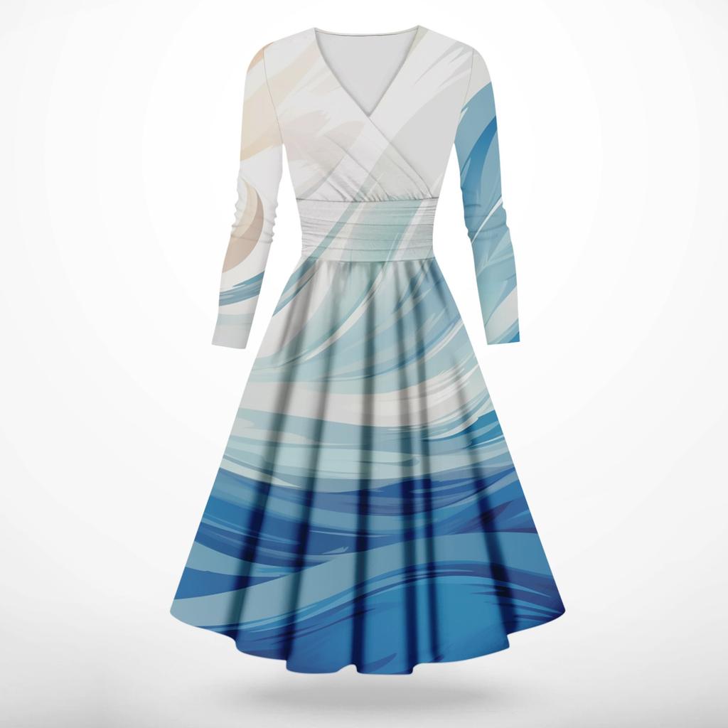 Женская мода повседневное платье с длинным рукавом и v-образным вырезом с принтом и карманами