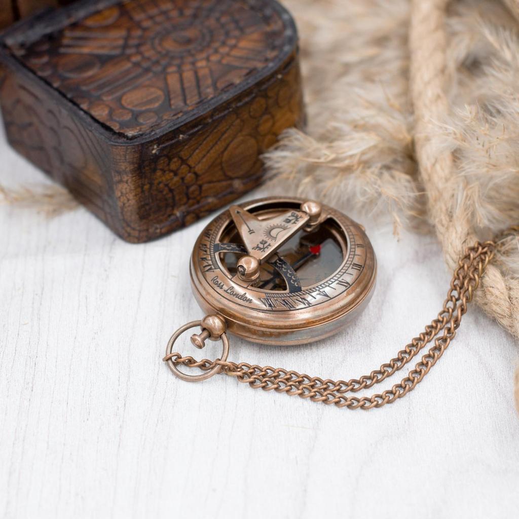 Antique Brass Sundial Compass With Unique Leather Case Perfect Gift for Your Loved Ones