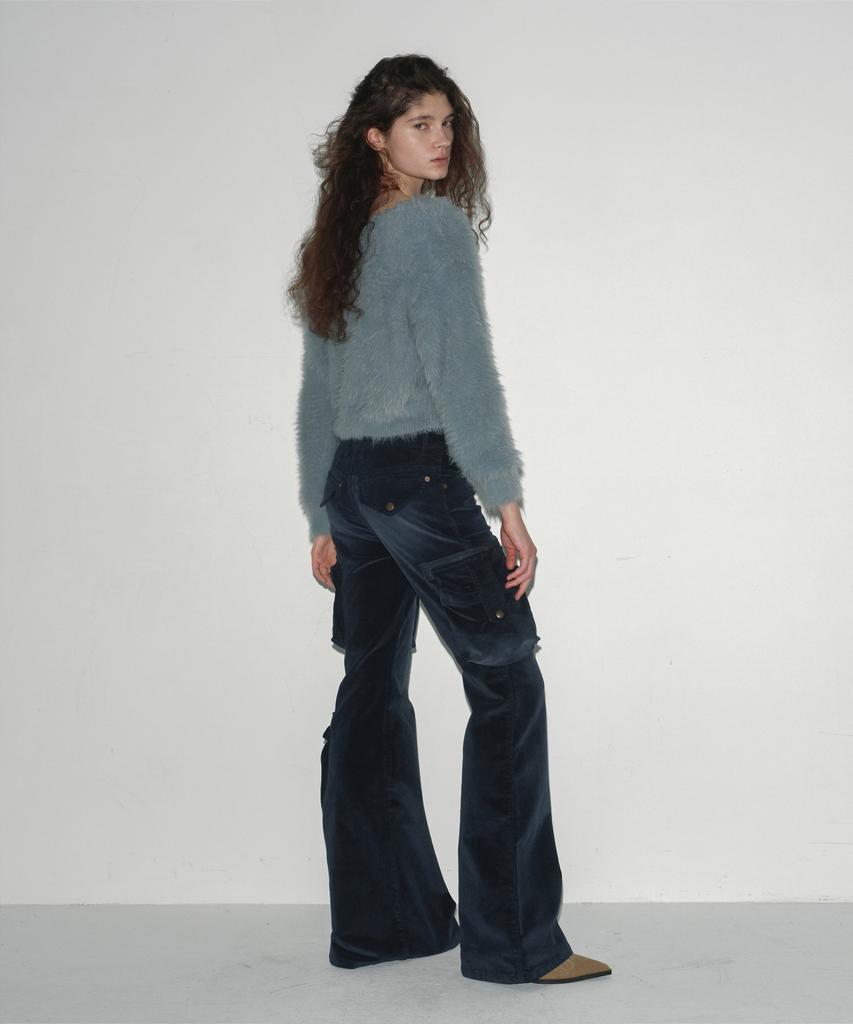 SIO Faded Corduroy Cargo Flare Pants Navy