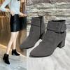 2025 Autumn/Winter New High Heels Thick Heel Belt Buckle Pointed Korean Short Boots Women's Suede Shoes