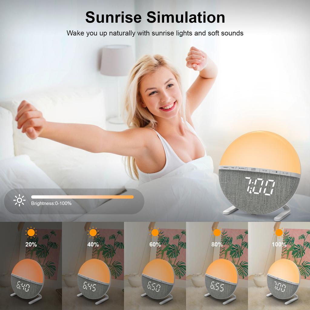 Будильник с подсветкой Sunrise Light Будильник с подсветкой Snooze 7 мелодий Помощь при засыпании 9 цветов Ночной светильник Прикроватный столик Светодиодные часы