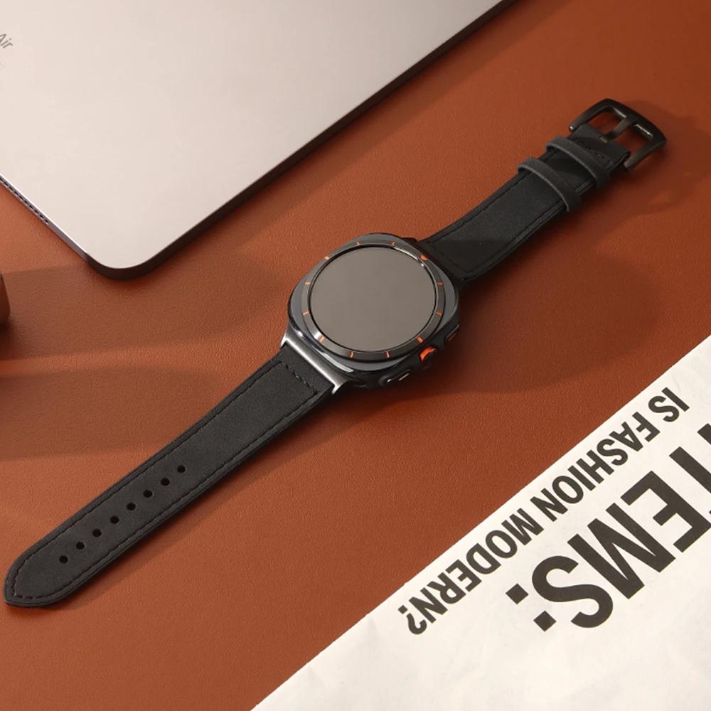 Кожаный деловой ремешок для Samsung Galaxy Watch 8 Classic 46 мм 44 мм 40 мм без зазоров, мужской браслет для Galaxy Watch 7 Ultra 47 мм, роскошный ремешок с изогнутыми концами