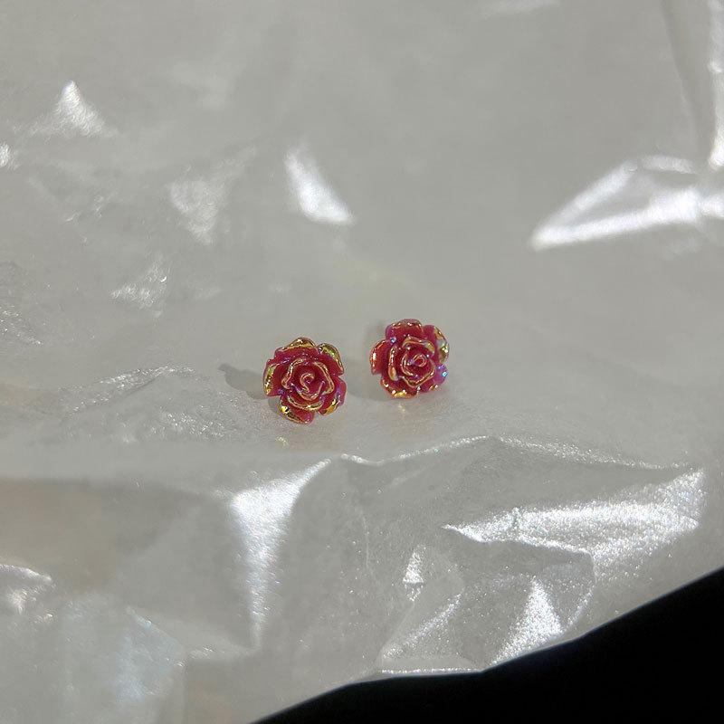 Серьги-гвоздики Красная роза Нишевый дизайн Французский ретро Личность Студент