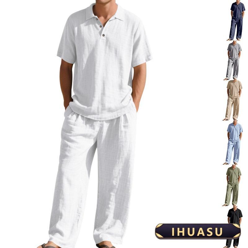 IHUASU Men's Fashion Casual Summer Spring Short Sleeve POLO Neck Pants Suits Elegant