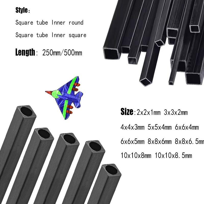 1/2/3pcs Carbon Fiber Square Tubing 2/3/4/5/6/8/10mm X 250/500mm, Round & Square Interior, for Drone & Model Making