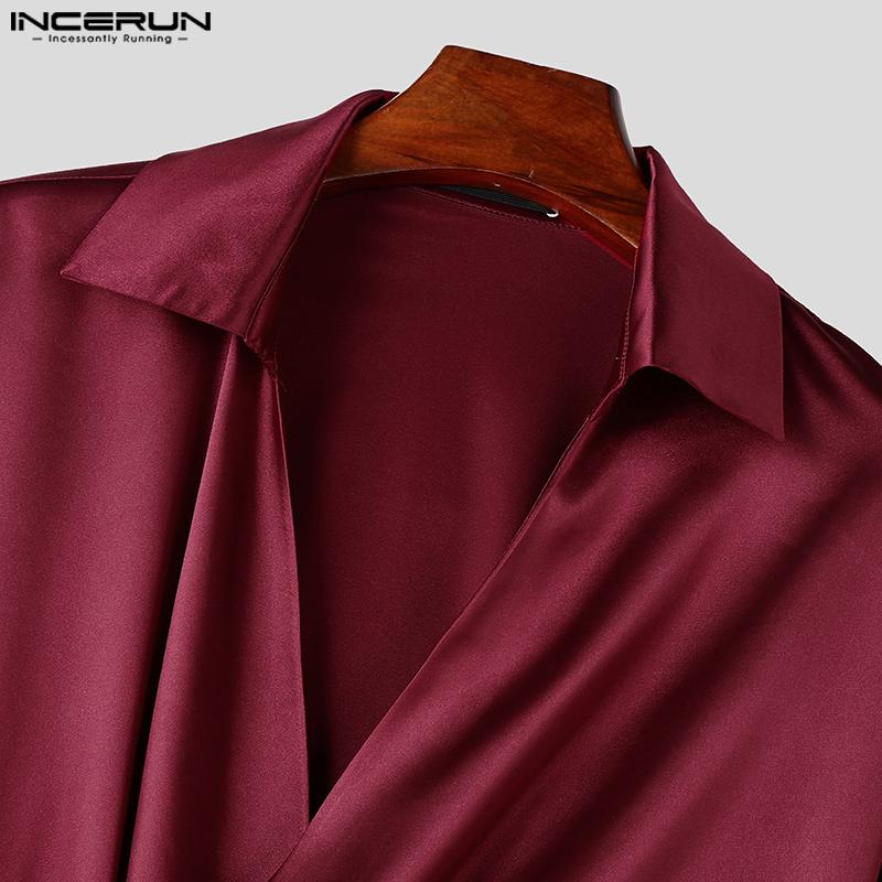INCERUN Мужские рубашки с V-образным вырезом спереди с перекрестным запахом, атласные топы
