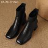 Leather Chunky Women Ankle Boots Square Toe Fashion Mid Heels Shoes 2025 Trend Elegant Pumps Winter Classic Goth Botas De Mujer