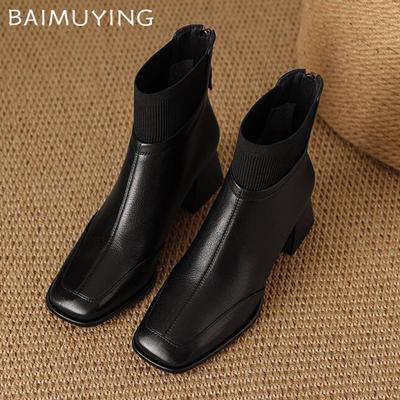 Кожаные массивные женские ботильоны на щиколотке, квадратный носок, модная обувь на среднем каблуке, тренд 2025, элегантные туфли-лодочки, зимняя классика, готические ботильоны для женщин