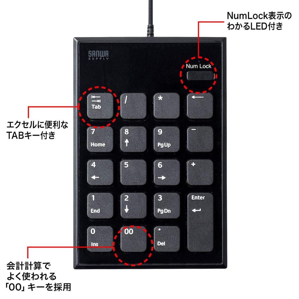 Sanwa поставляет проводную цифровую клавиатуру с USB-подключением, бесшумную клавишу-пантограф, черный цвет, тип C NT-23CBK