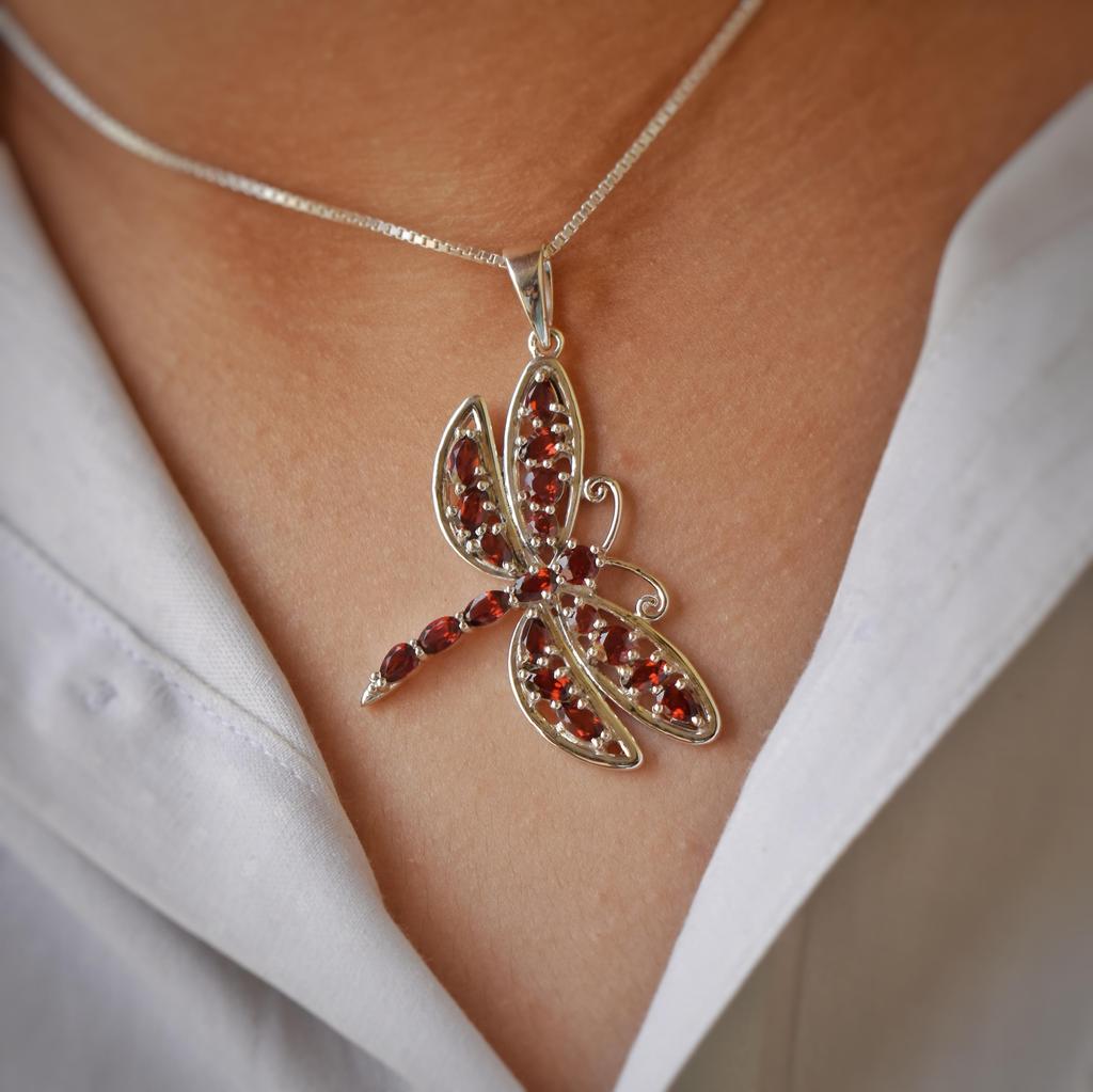 Natural Garnet Dragon fly Pendant, 925 Sterling Silver jewelry, Garnet Charm, Gift for her, Birthday gift
