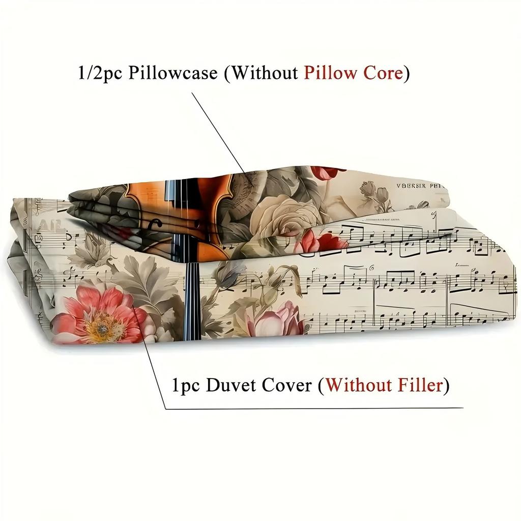 Скрипичный нотный стан Роза 3D-принт Постельное белье Наволочка Искусство классической музыки Ретро стиль Пододеяльник Домашний текстиль Комплект пододеяльника