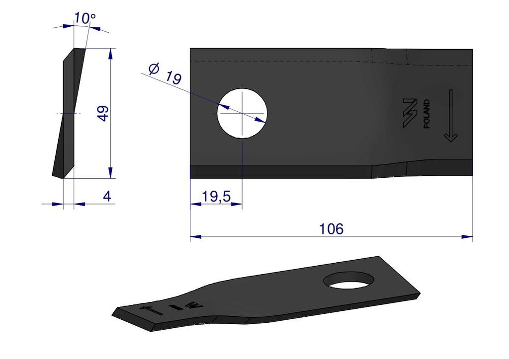 Nóż. Nożyk Kosiarka Prawy 106X48X4Mm Otwór 19 Zastosowanie 153967103 Sip Waryński ( Sprzedawane Po 25 )